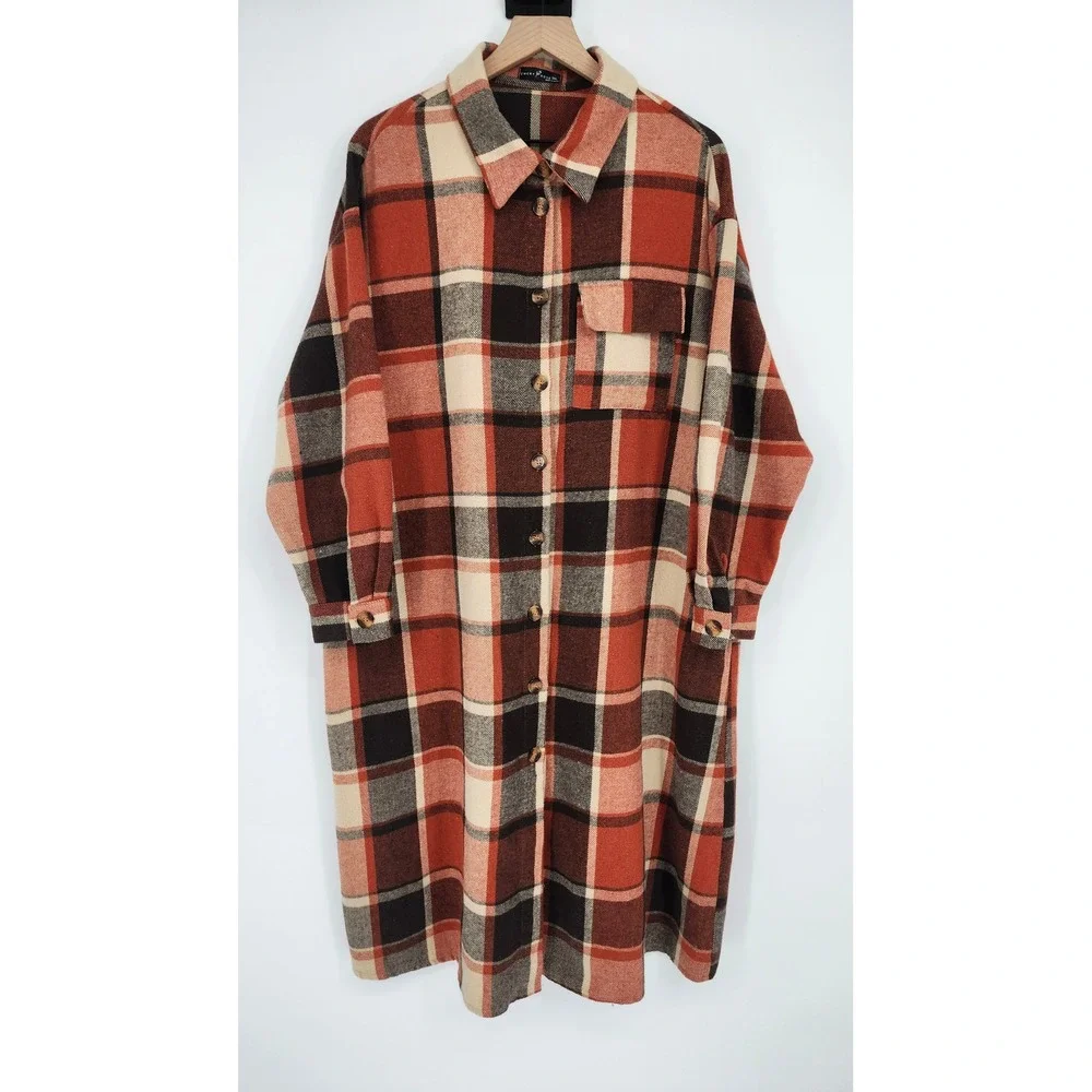 Emery Rose Women Plaid Flannel Duster Shacket Size 2XL Orange Brown Cabin Woods